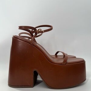 Larroude Wanda Leather Ultra High Platform Ankle Strap Heeled Sandals In Caramel